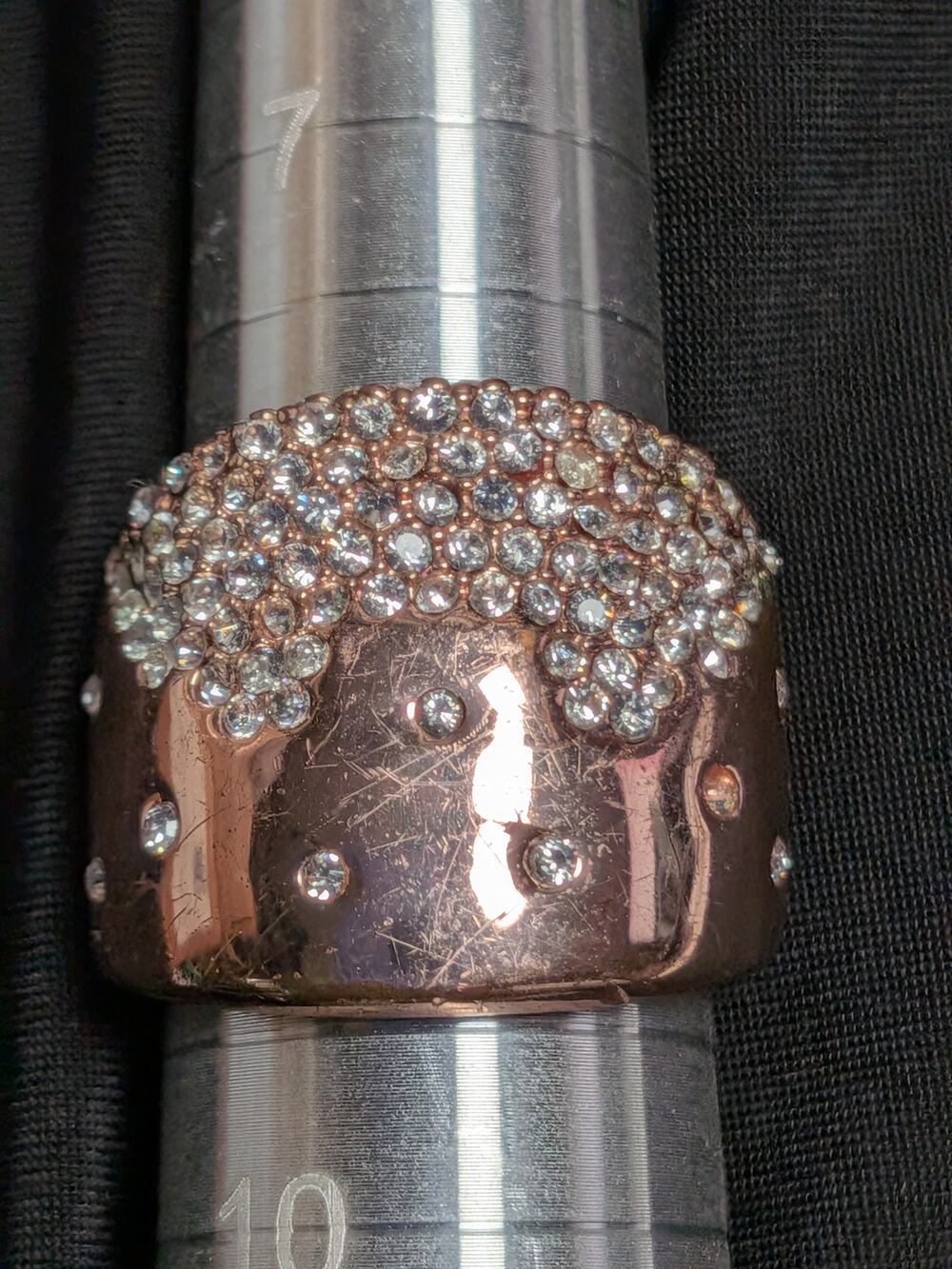 Rose Gold Tone Statement Cocktail Ring Size 8.75 Wide Pave Rhinestone Band READ